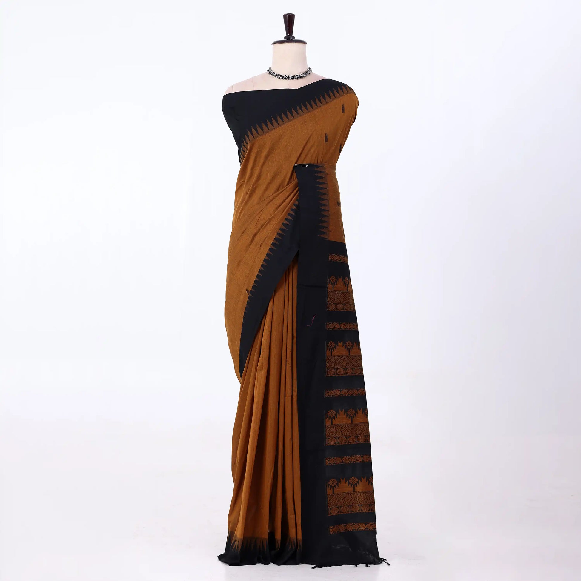 Kalyani Cotton saree with Brown body and black zari border, front drape view