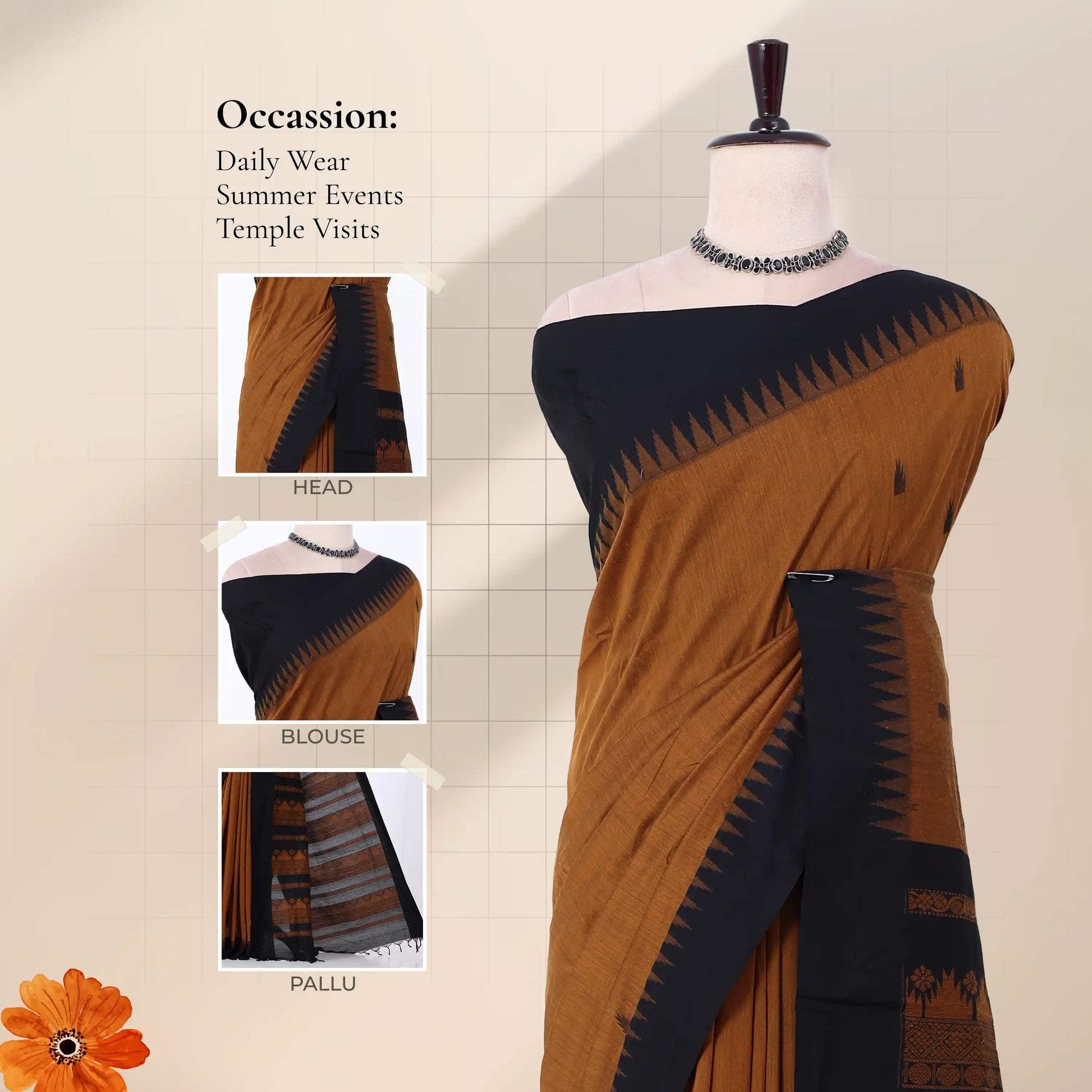 Kalyani Cotton saree with brown checked body and black zari woven border, front drape close-up with design details.