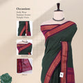 Kalyani Cotton saree with dark green checked body and black zari woven border, front drape close-up with design details.