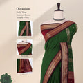 A green and maroon saree with ornate gold zari borders with inset close-ups of the head, blouse, and pallu. 