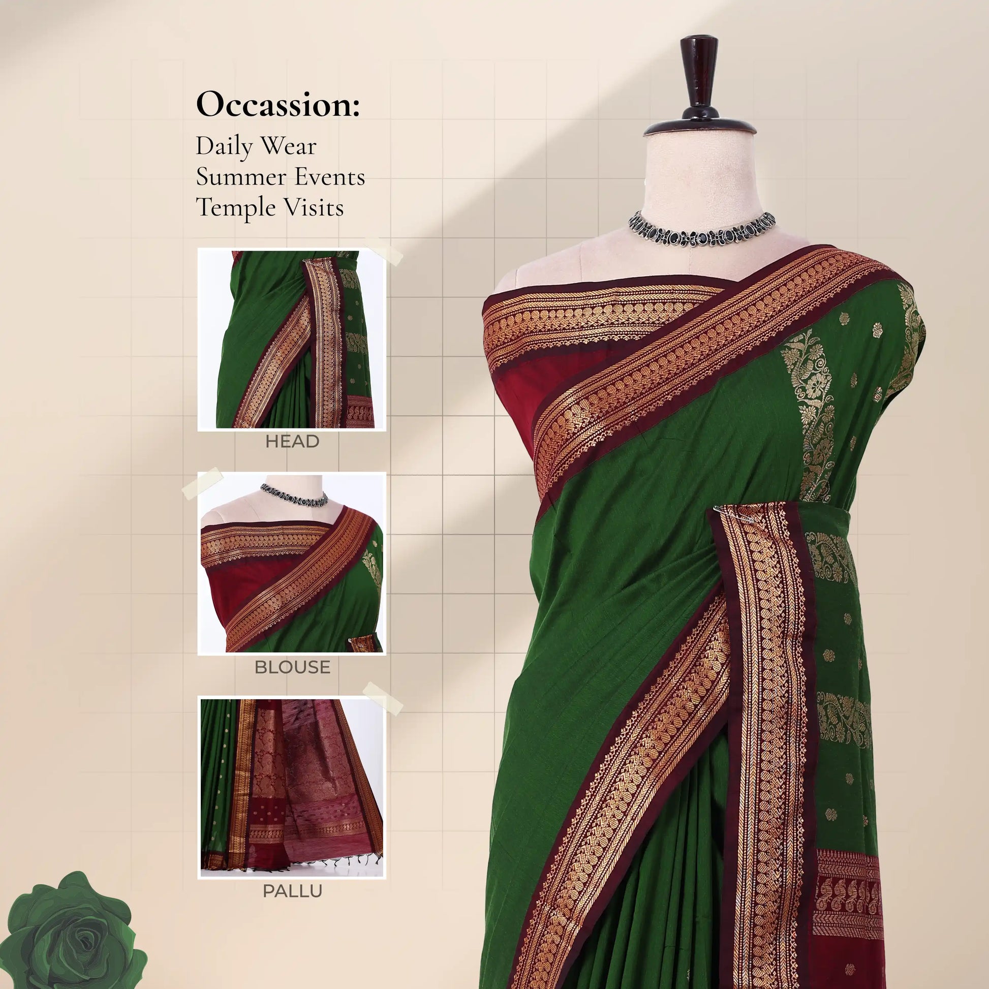 A green and maroon saree with ornate gold zari borders with inset close-ups of the head, blouse, and pallu. 