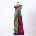 Kalyani Cotton saree with green  checked body and red zari woven border, front drape view