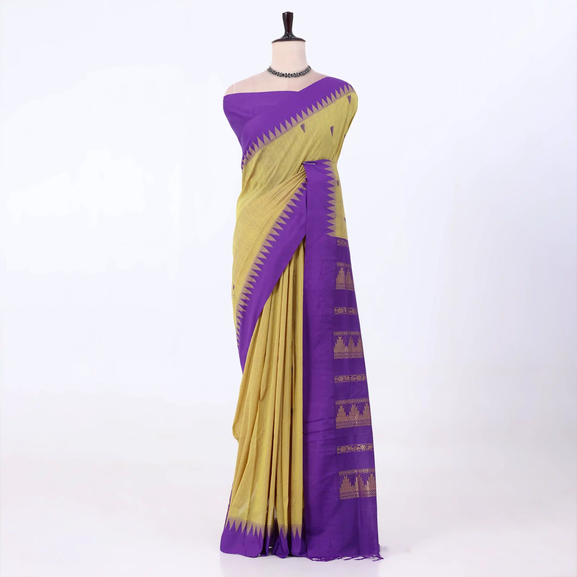 Kalyani Cotton saree with green body and violet zari border, front drape view