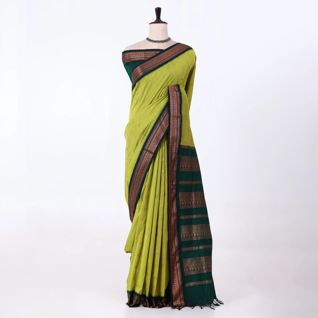 Kalyani Cotton saree with lime green body and dark green zari woven border, front drape view