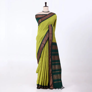 Kalyani Cotton saree with lime green body and dark green zari woven border, front drape view