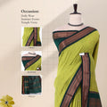 A lime green saree with dark green and brown patterned borders with detail of  head, blouse, and pallu. 