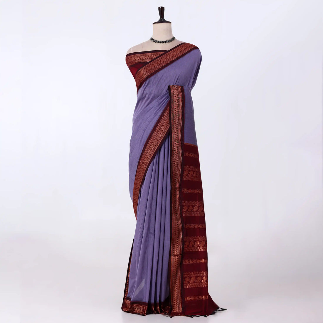 Kalyani Cotton saree with lavender body and maroon zari woven border, front drape view