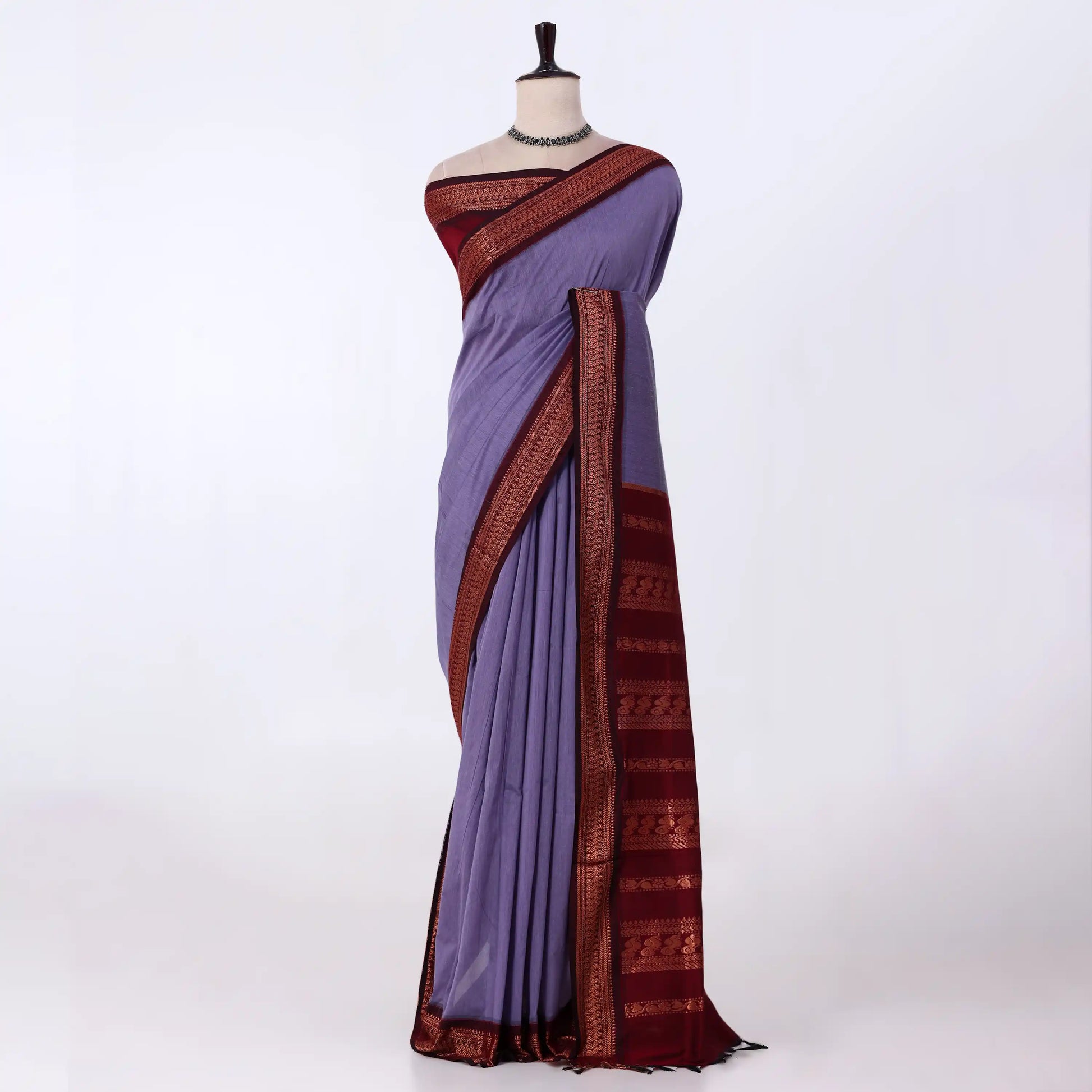 Kalyani Cotton saree with lavender body and maroon zari woven border, front drape view