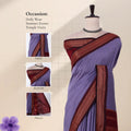 A purple saree with a wide maroon border with close-ups head, blouse, and pallu.