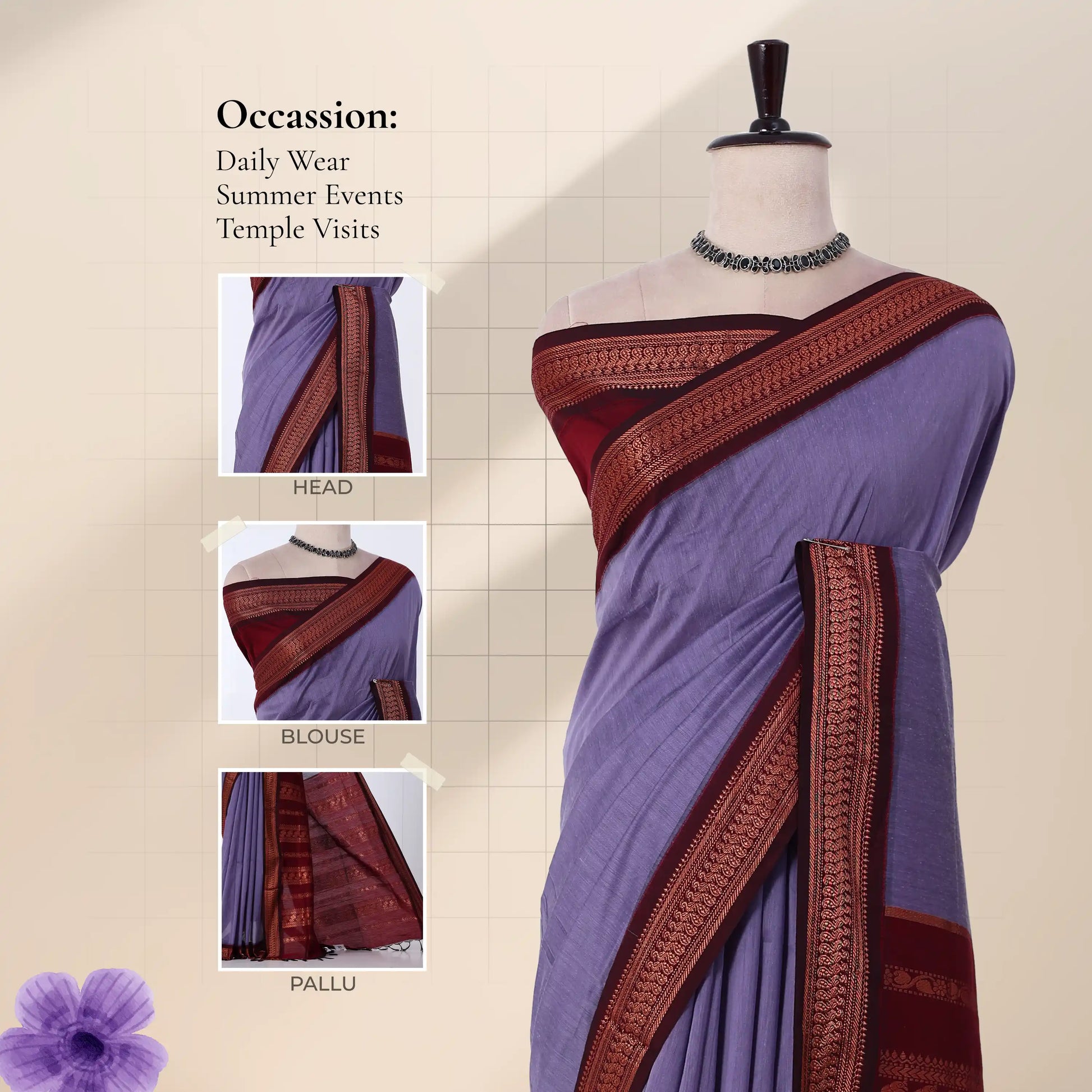 A purple saree with a wide maroon border with close-ups head, blouse, and pallu.