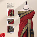 Kalyani Cotton saree with maroon checked body and black zari woven border, front drape close-up with design details.