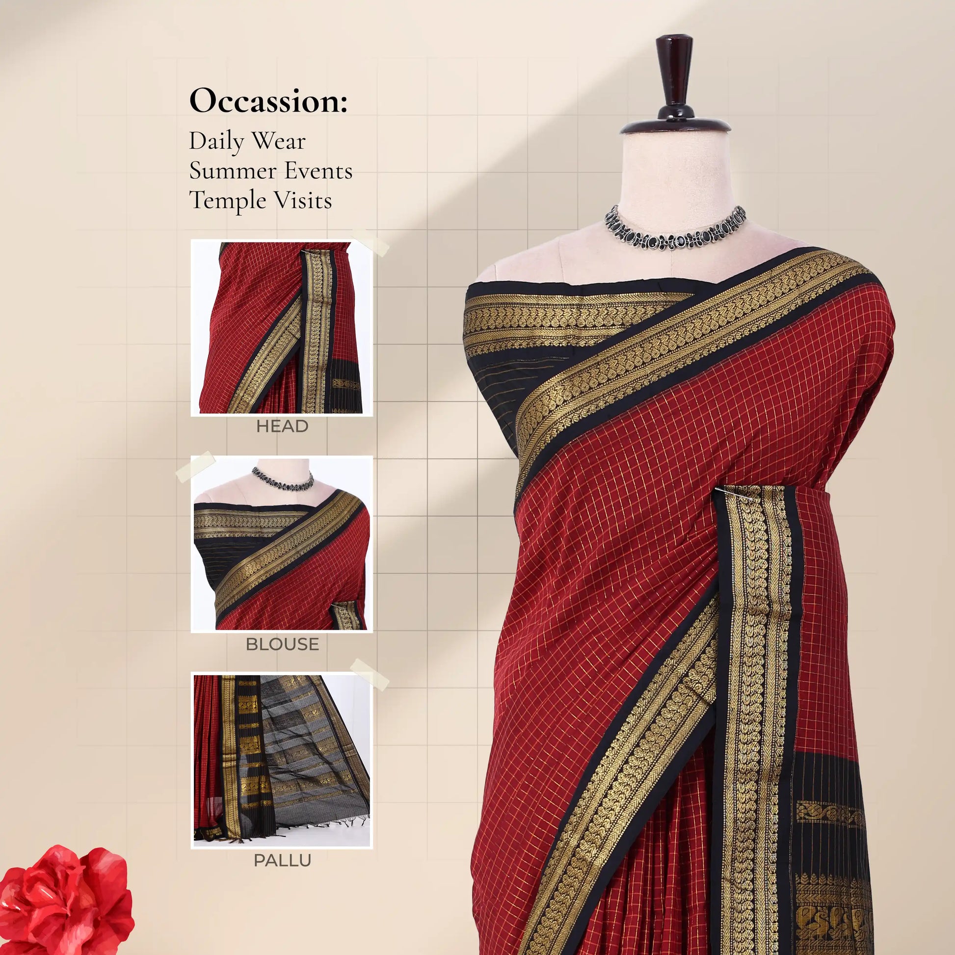 Kalyani Cotton saree with maroon checked body and black zari woven border, front drape close-up with design details.