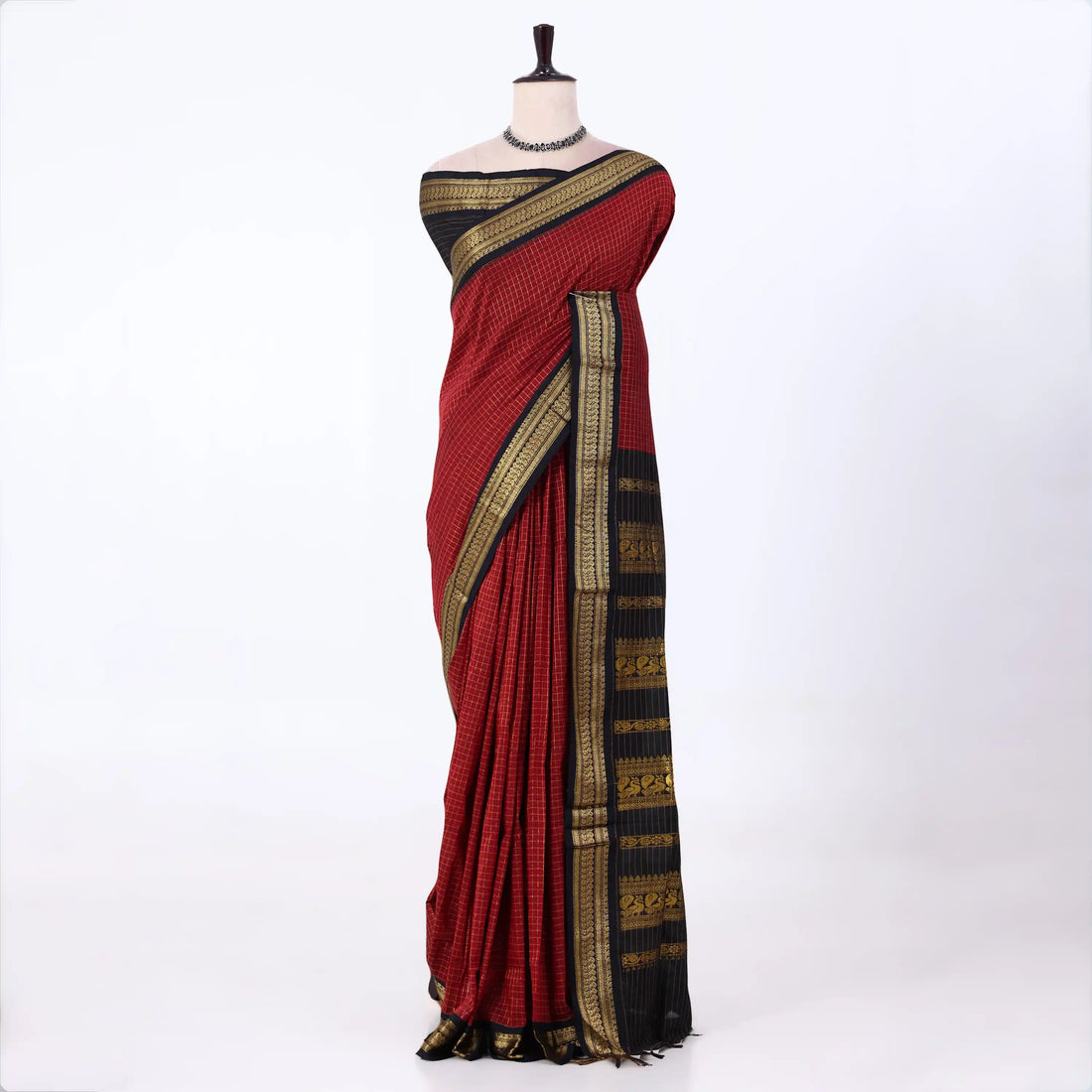 Kalyani Cotton saree with maroon checked body and black zari woven border, front drape view
