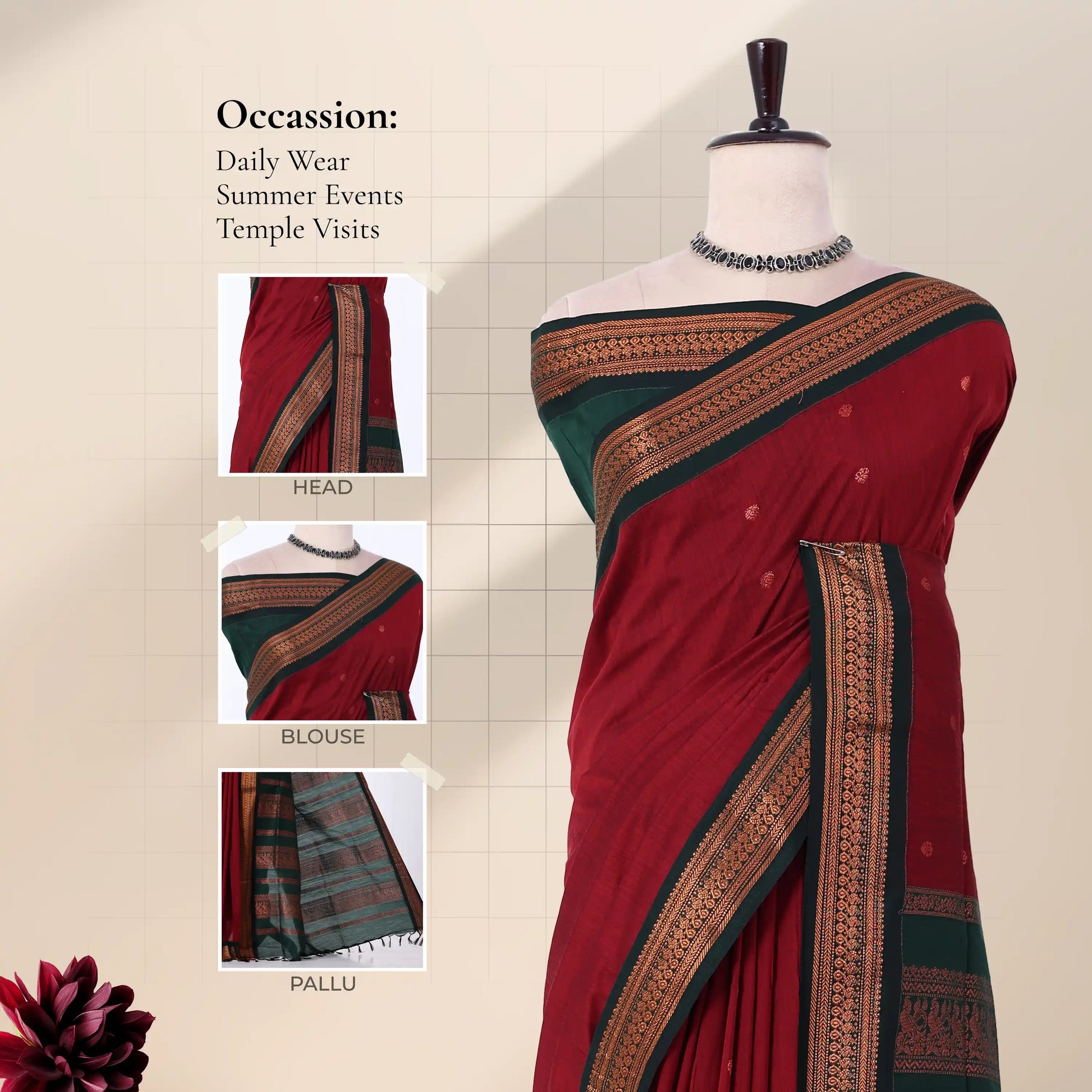A deep red and dark green saree with ornate gold zari borders with detail of  head, blouse, and pallu 