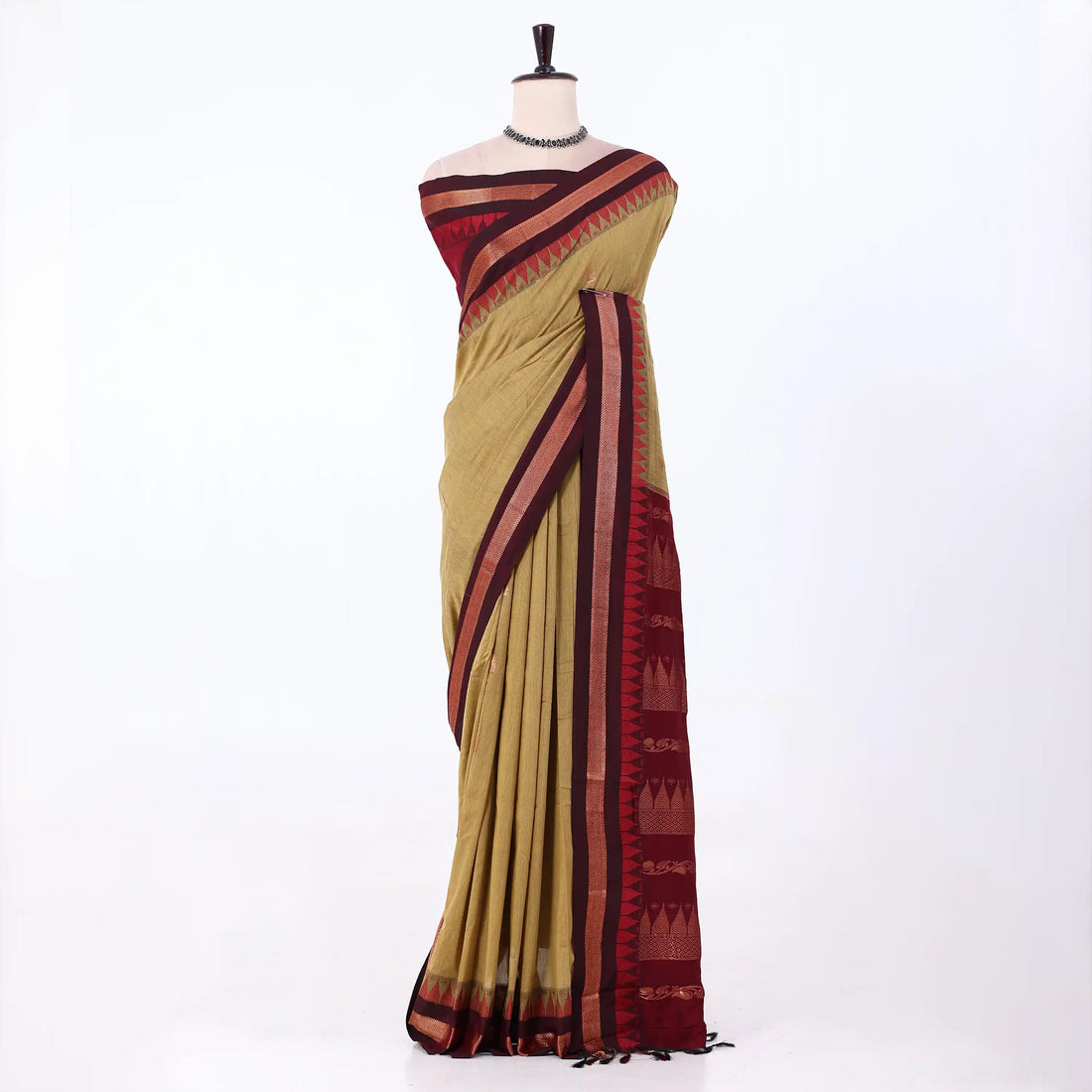 Kalyani Cotton saree with Olive green body and maroon zari border, front drape view