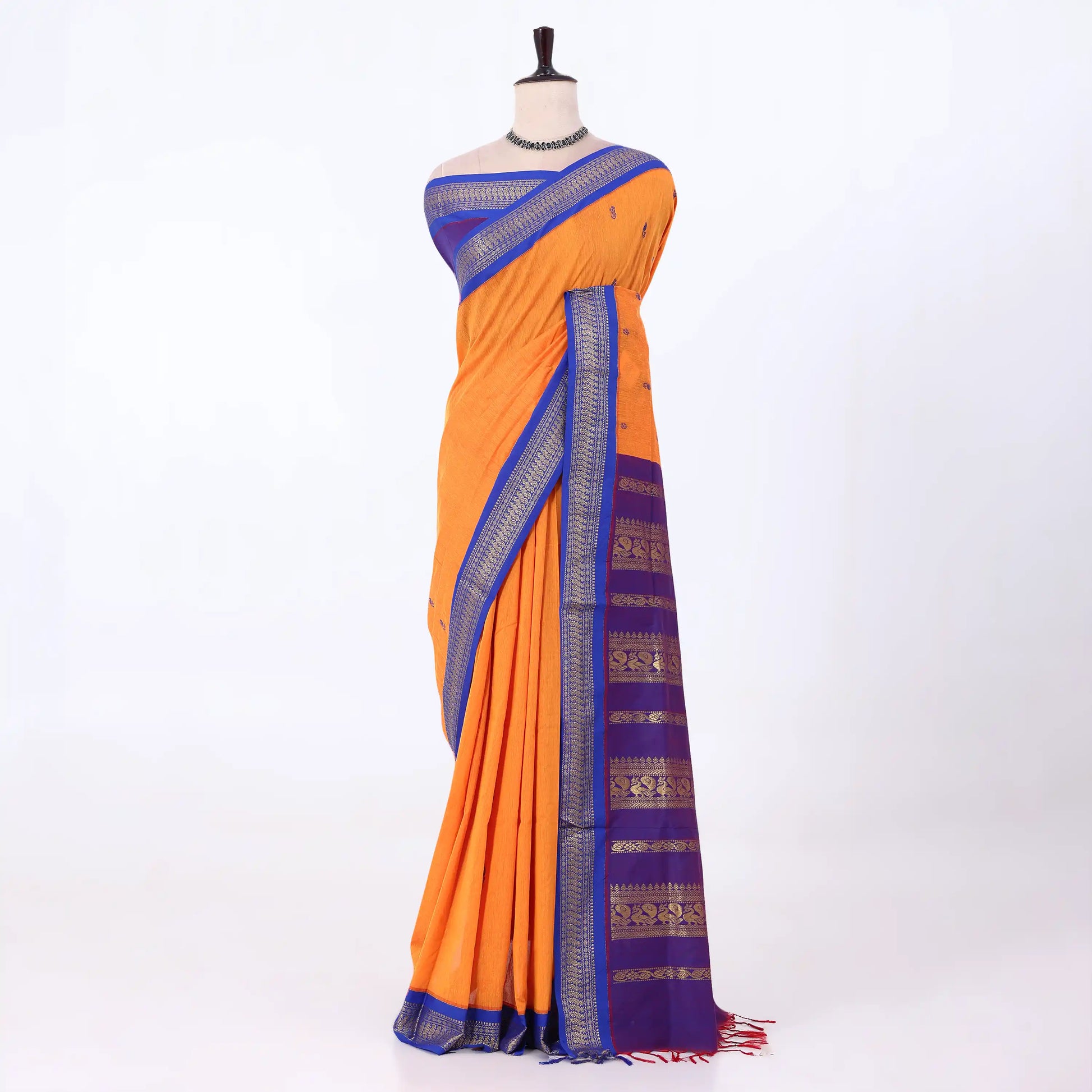 Kalyani Cotton saree with deep orange body and blue zari woven border, front drape view
