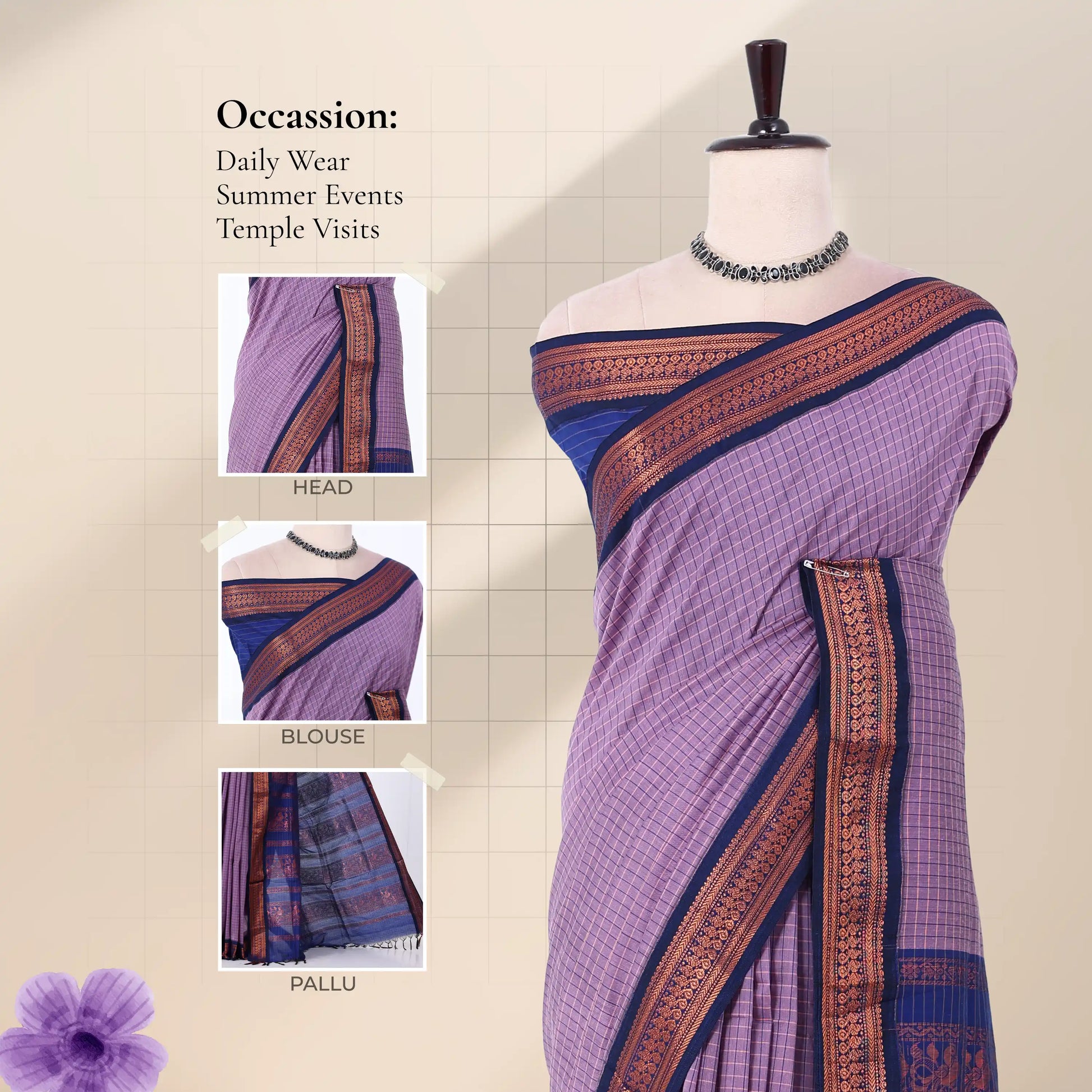 Kalyani Cotton saree with lavender checked body and black zari woven border, front drape close-up with design details.