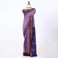 Kalyani Cotton saree with lavender  checked body and blue zari woven border, front drape view