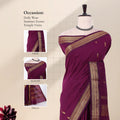 Kalyani Cotton saree with purple checked body and black zari woven border, front drape close-up with design details.