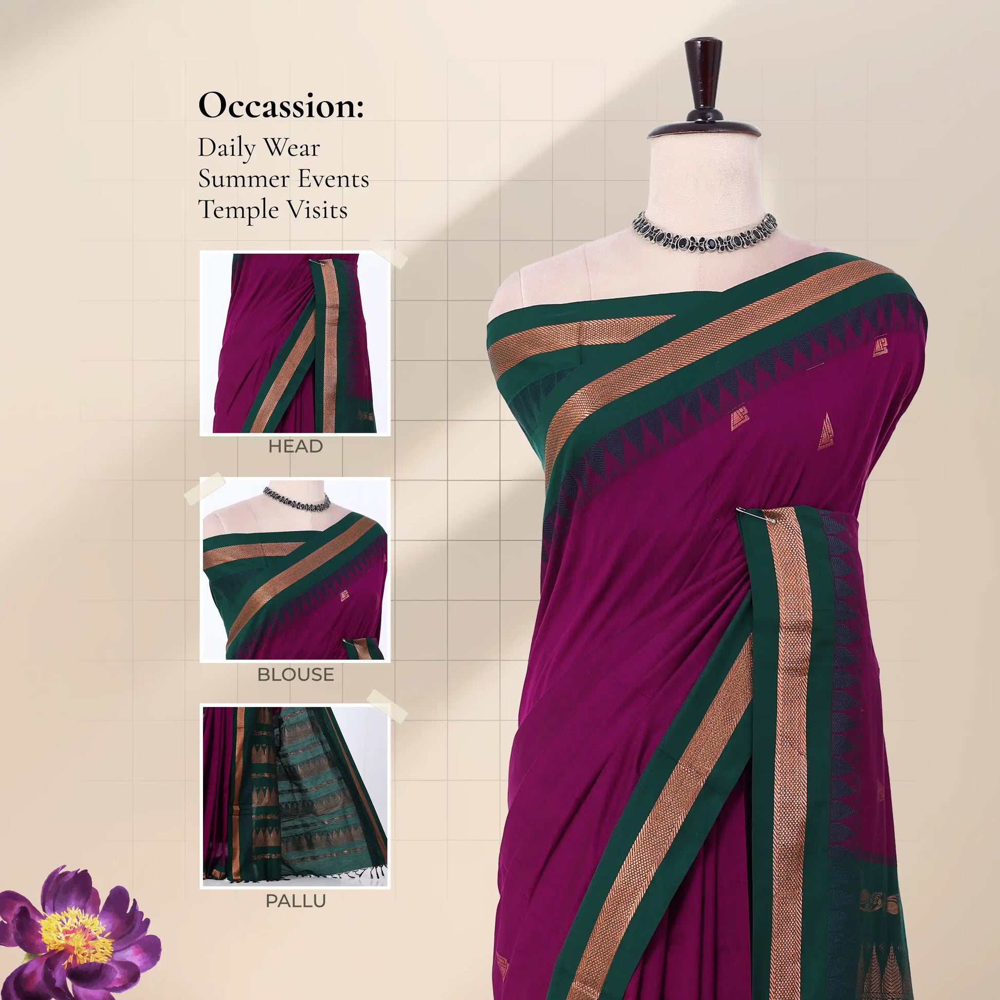 Kalyani Cotton saree with purple checked body and black zari woven border, front drape close-up with design details.
