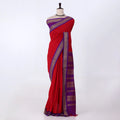 Kalyani Cotton saree with Red body and violet zari woven floral border,front drape view