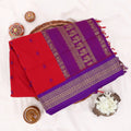 Kalyani Cotton saree with Red body and violet zari woven floral border,Folded top view