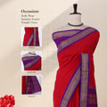 A red and purple saree with a metallic gold border with detail of the head, blouse, and pallu