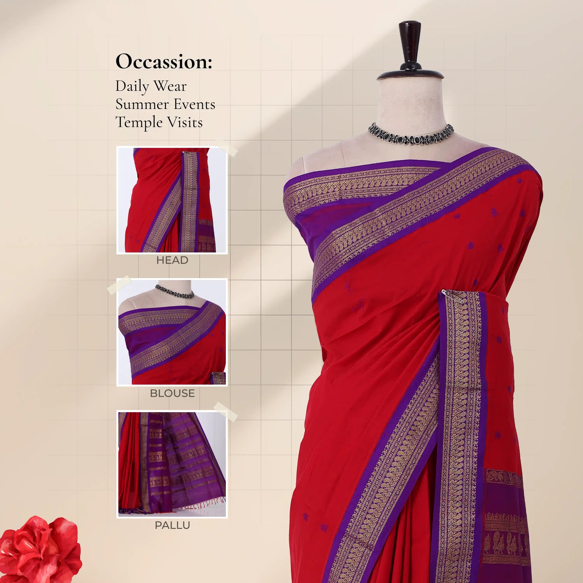 A red and purple saree with a metallic gold border with detail of the head, blouse, and pallu