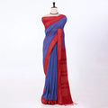Kalyani Cotton saree with deep violet body and red zari woven border, front drape view
