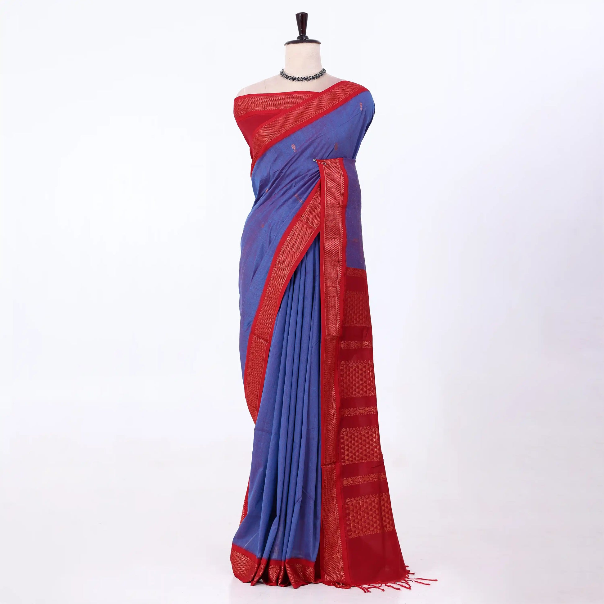 Kalyani Cotton saree with deep violet body and red zari woven border, front drape view