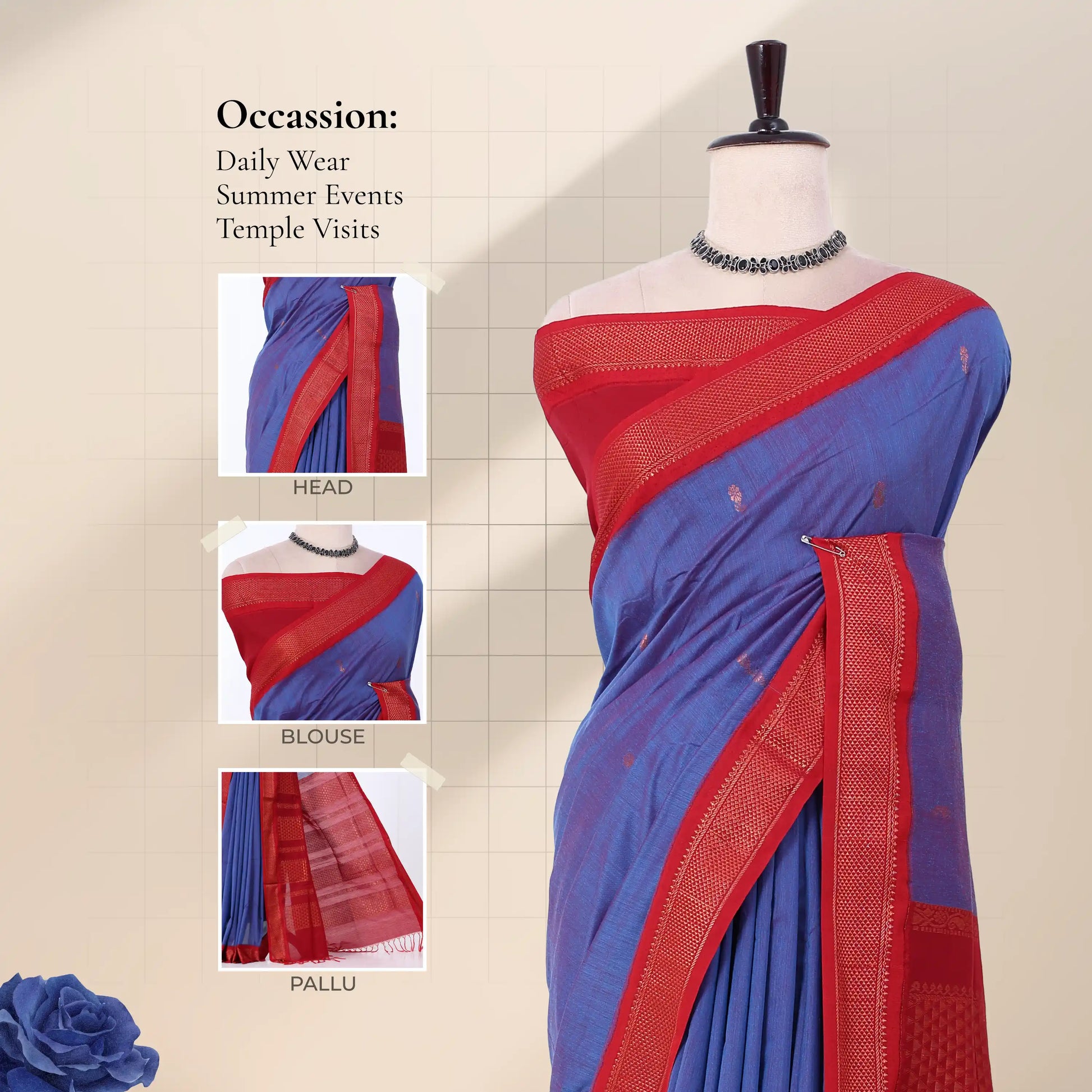 Kalyani Cotton saree with violet checked body and black zari woven border, front drape close-up with design details.
