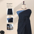 Khadi cotton saree with printed blouse contrast woven pallu and tassels in black front draped product view.
