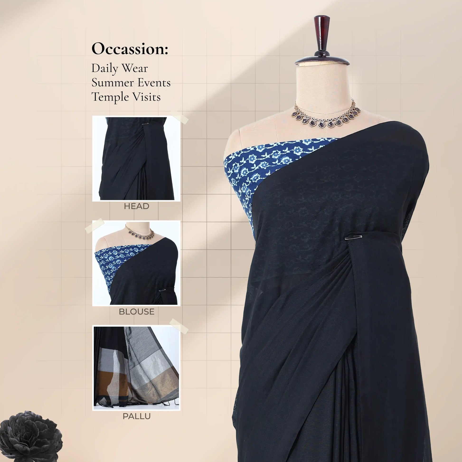 Khadi cotton saree with printed blouse contrast woven pallu and tassels in black front draped product view.
