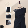 Khadi cotton saree with printed blouse contrast woven pallu and tassels in black front draped product view.