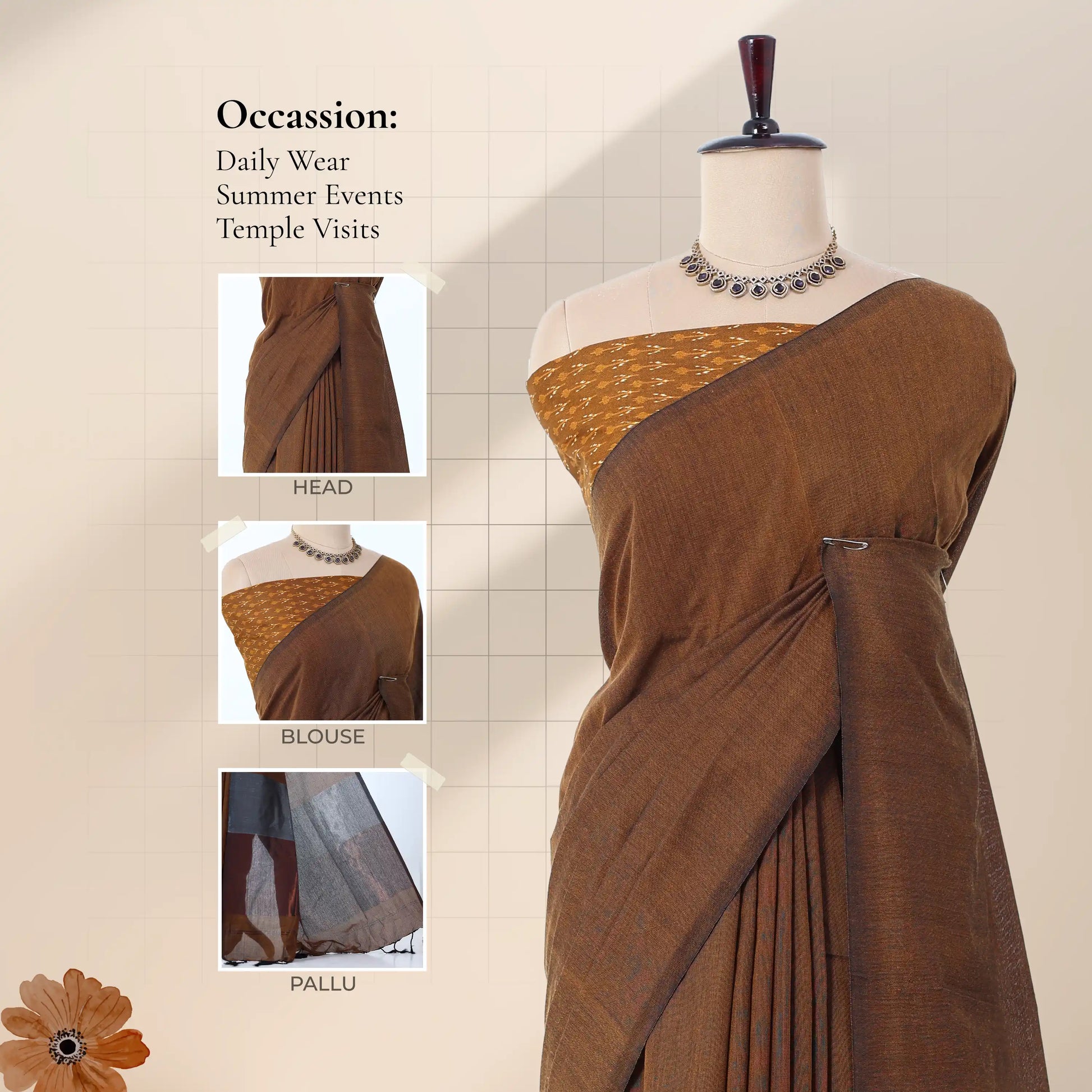 Khadi cotton saree with printed blouse contrast woven pallu and tassels in brown front draped product view.