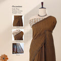 Khadi cotton saree with printed blouse contrast woven pallu and tassels in brown front draped product view.