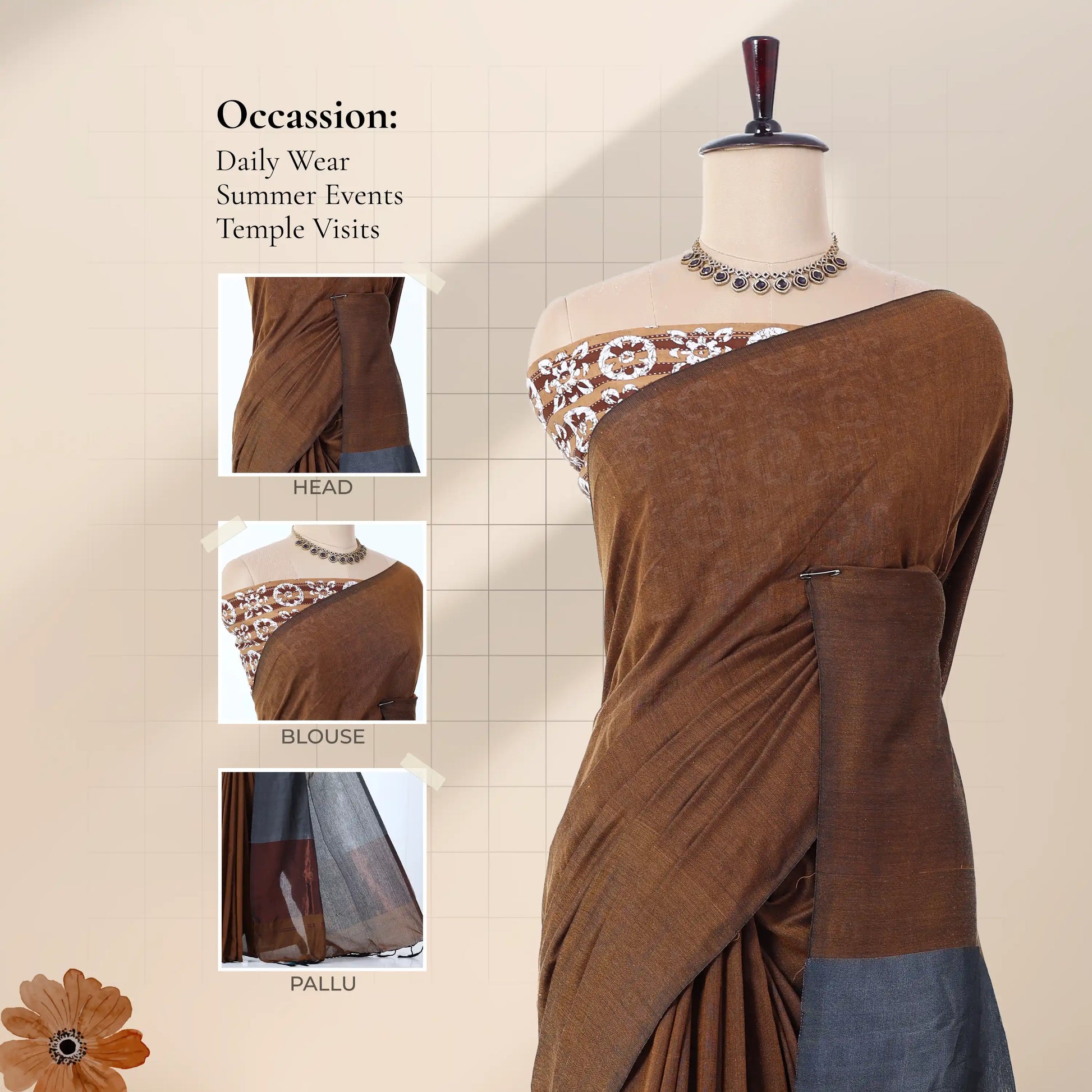 Khadi cotton saree with printed blouse contrast woven pallu and tassels in dark brown front draped product view.

