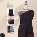 Khadi cotton saree with printed blouse contrast woven pallu and tassels in dark brown front draped product view.