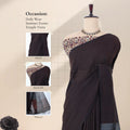 
Khadi cotton saree with printed blouse contrast woven pallu and tassels in deep brown front draped product view.
