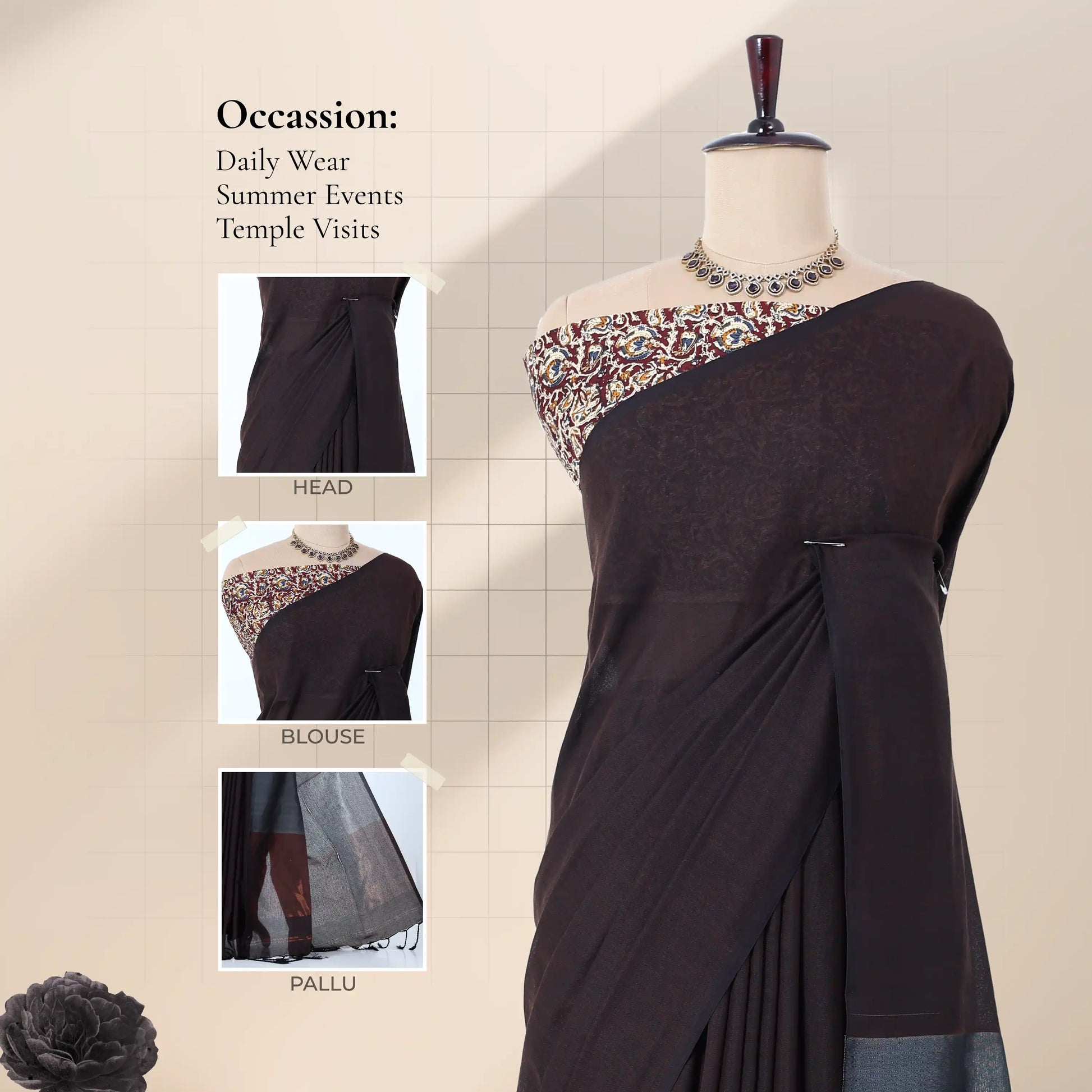 
Khadi cotton saree with printed blouse contrast woven pallu and tassels in deep brown front draped product view.
