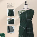 Khadi cotton saree with silver woven stripes green color and printed blouse front draped product view.