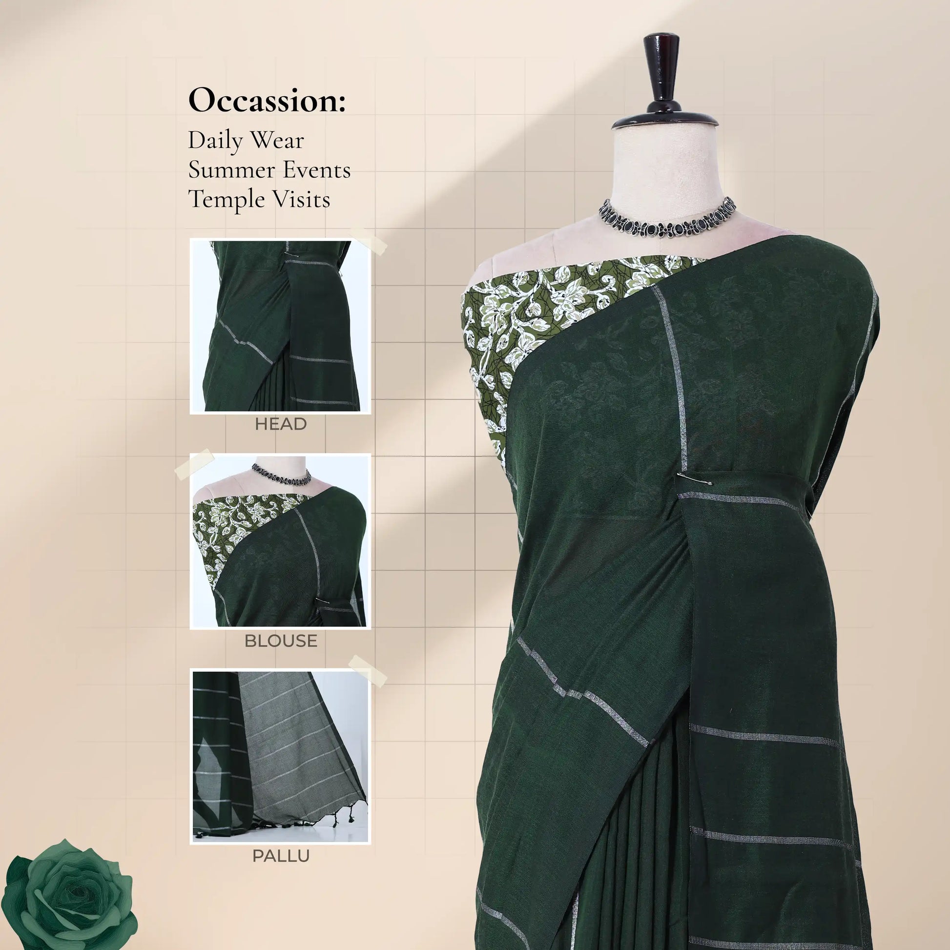 Khadi cotton saree with silver woven stripes green color and printed blouse front draped product view.