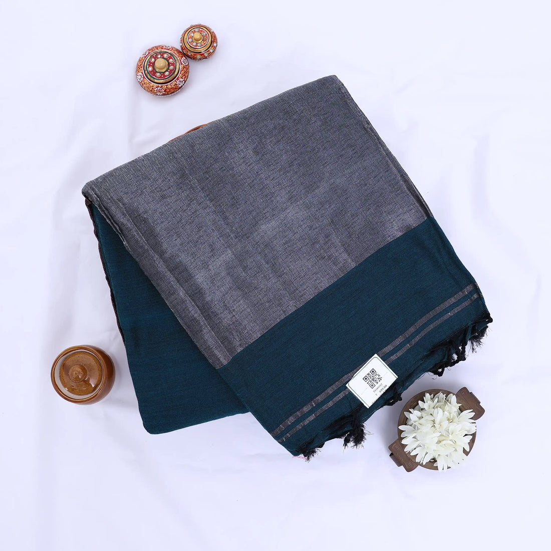 Teal Khadi Cotton Sarees for Women | Summer Wear & Daily Wear Collection | Jeyachandran - Full View