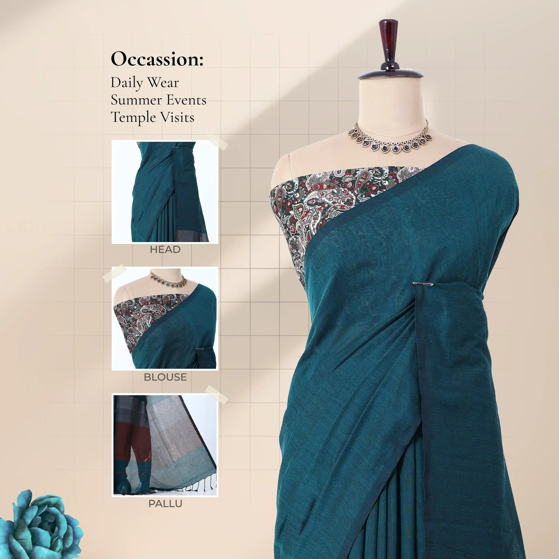 Khadi cotton saree with printed blouse contrast woven pallu and tassels in teal front draped product view.