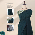 Khadi cotton saree with printed blouse contrast woven pallu and tassels in dark green front draped product view.