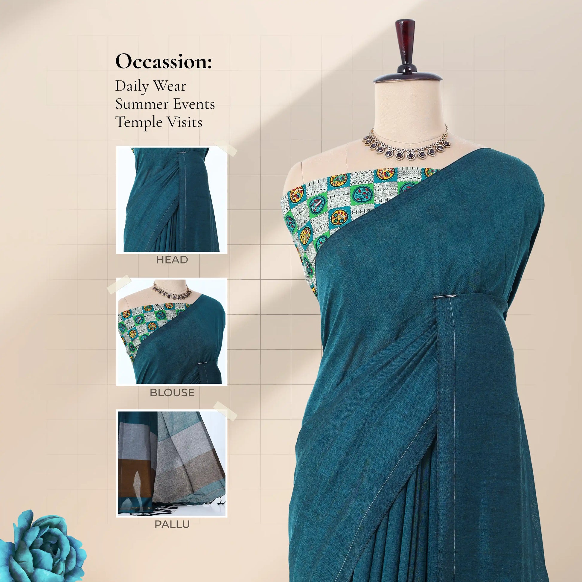 Khadi cotton saree with printed blouse contrast woven pallu and tassels in teal green front draped product view.