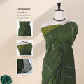 Khadi cotton saree with silver woven stripes green color and printed blouse front draped product view.