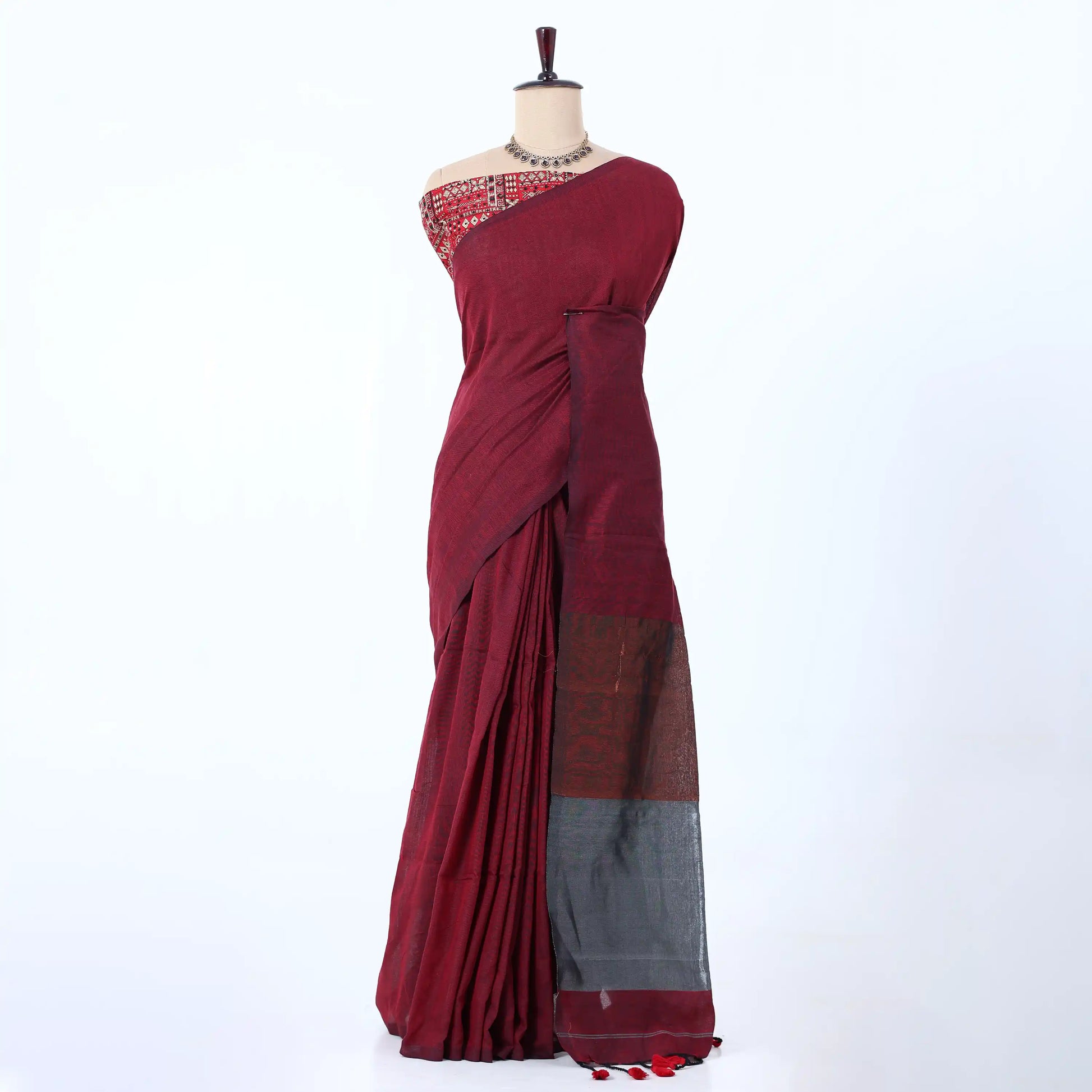 Maroon Khadi Cotton Sarees for Women | Summer Wear & Daily Wear Collection | Jeyachandran - Full View