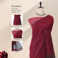 Khadi cotton saree with printed blouse contrast woven pallu and tassels in maroon front draped product view.
