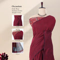 Khadi cotton saree with printed blouse contrast woven pallu and tassels in dark maroon front draped product view.